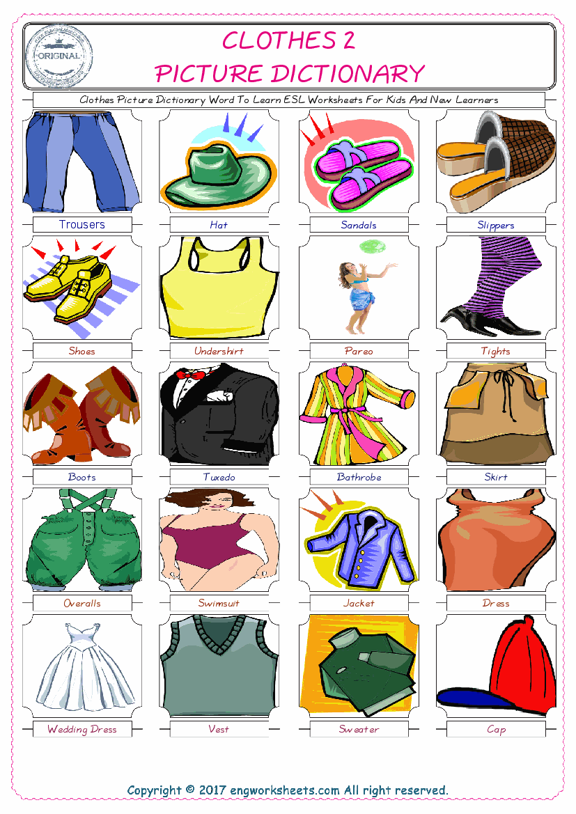  Clothes English Worksheet for Kids ESL Printable Picture Dictionary 